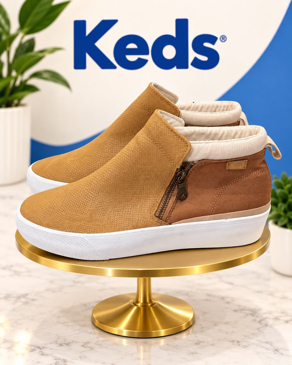 Keds Cooper Zip Booties Tan Brown Side Zip Sneakers Size 9 EU 40 NWOB